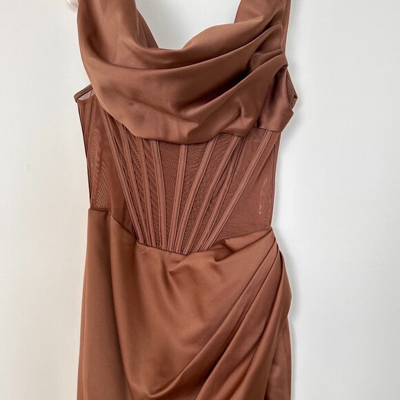 House of CB Toffee Asymmetric Drape Midi Corset Dress - Picture 3 of 8